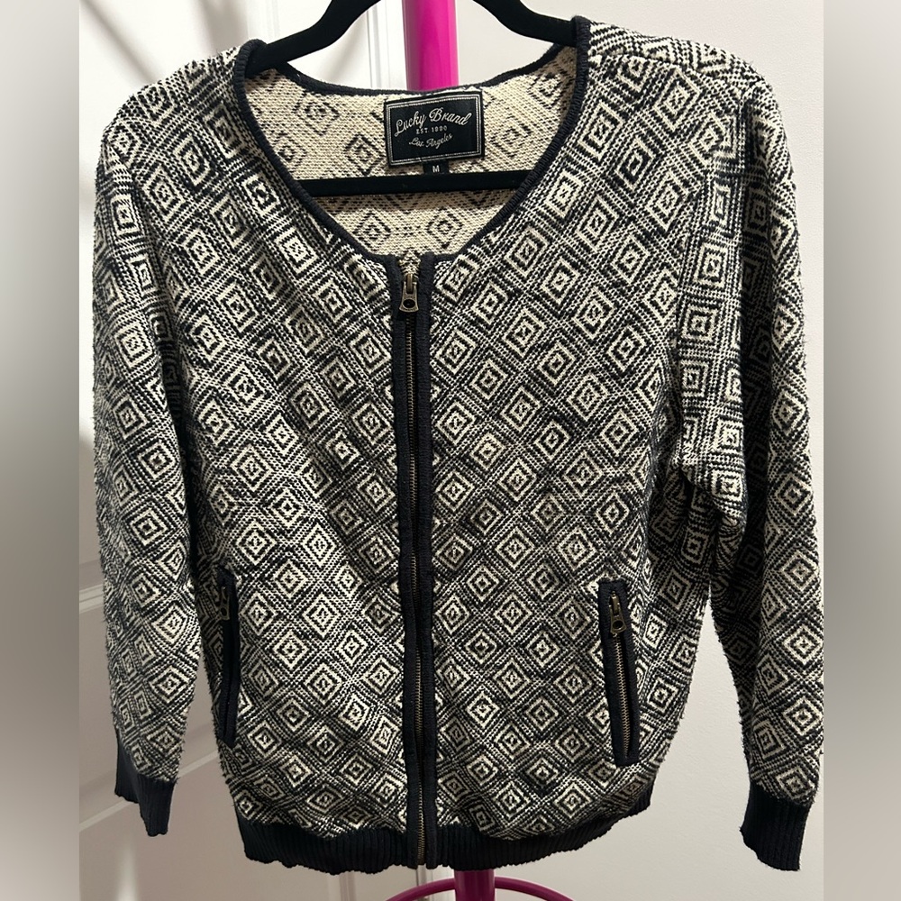 Lucky Brand Geometric Black & White Zip Up
